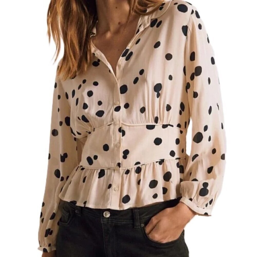 ba&sh Denzel Ecru Black Polka Dot Peplum Blouse - FLAW